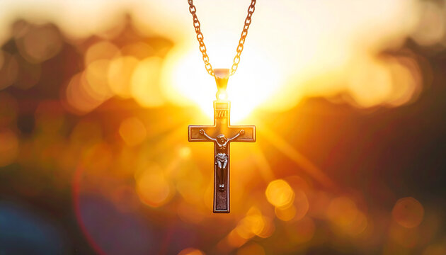 Religious symbol of a crucifix pendant bathed in golden sunlight background