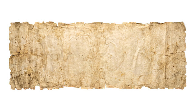 Ancient parchment scroll with weathered texture, representing historical manuscript, vintage document and antique paper isolated on transparent background