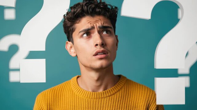 Confused young man wearing yellow sweater surrounded by question marks looking puzzled and uncertain