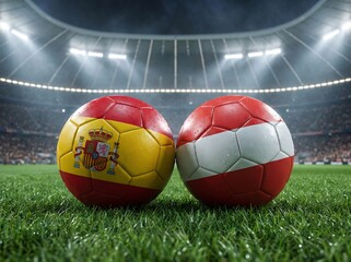 Obraz premium Soccer balls with flags of spain and austria on a stadium pitch