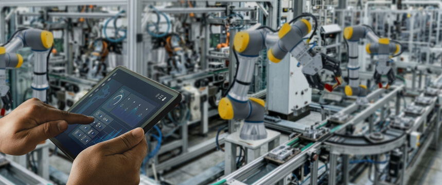Hands use a tablet dashboard to control and monitor robotic machines on an automated factory line, showing industrial automation, production supervision, and manufacturing process management.