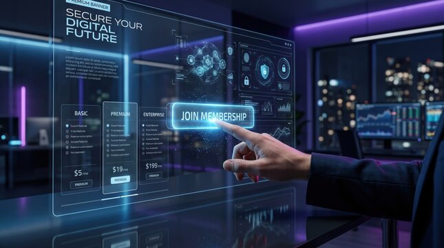 Futuristic Digital Interface with User Interaction for Membership Subscription Plan in Modern Office Setting at Night