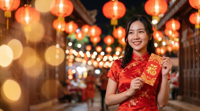 Young Woman in Traditional Red Dress Celebrating Lunar New Year with Lanterns and Decorations in Vibrant Festive Atmosphere
