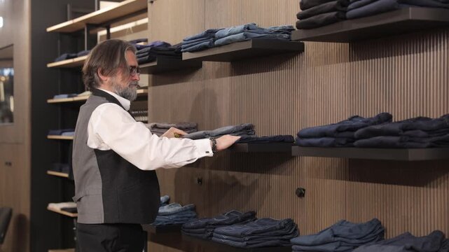 Elegant shop assistant arranging jeans on a shelf