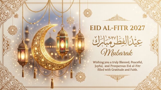 Elegant Eid al-Fitr Celebration with Lanterns and Crescent Moon, 2027 Design in Warm Colors for Festive Greetings and Wishes, Ramadan and Eid Mubarak, Islamic Festivals