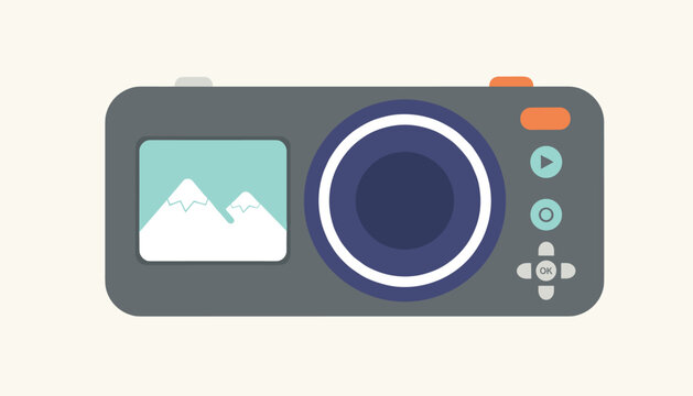 Flat graphic design of a modern grey digital compact camera with a mountain picture preview on the screen.