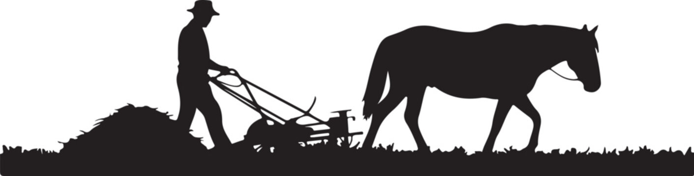 Silhouette of a farmer plowing a field with a horse