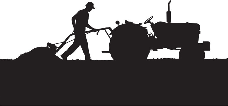 Silhouette of a farmer plowing a field with a tractor