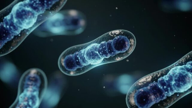 Microscopic view of mitochondria with detailed inner structures in glowing blue and black colors