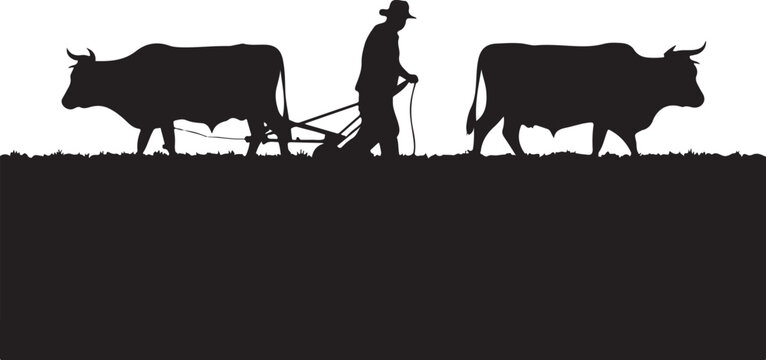 Silhouette of a farmer plowing field with two oxen cows