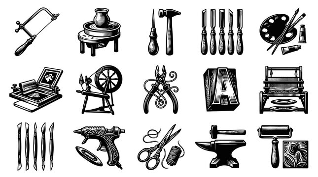 Black and white engraving style collection of artisan craft tools, art supplies, and DIY hobby equipment