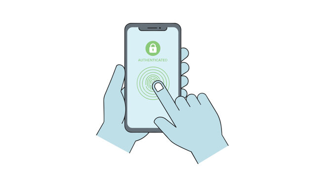 Hands holding a smartphone using fingerprint touch ID to authenticate mobile screen access safely.