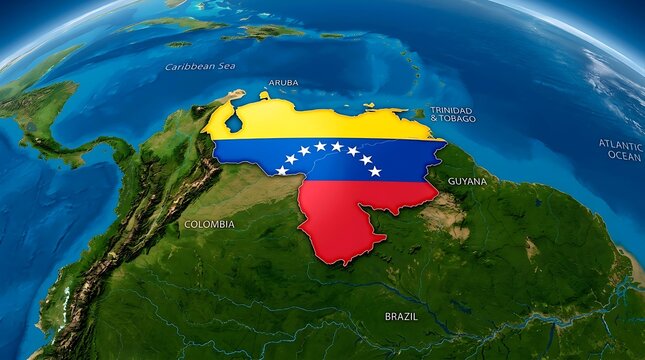 3d render of the map of venezuela with the national flag texture, positioned on a detailed globe showing south america and surrounding caribbean waters