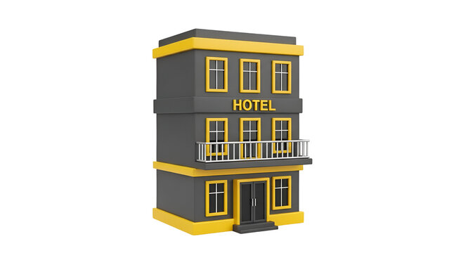 Three story grey and yellow hotel building with a balcony shown as a 3d rendered icon on transparent background
