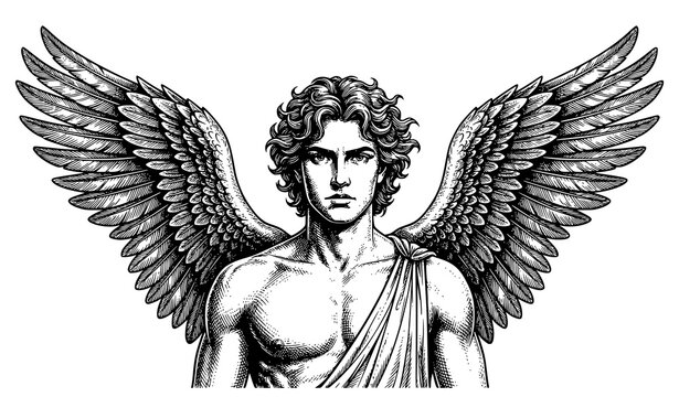 Classical Icarus Portrait Hand Drawn Vector Engraving Style Mythological Illustration