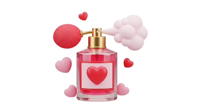 Elegant glass perfume bottle featuring a soft pink mist spray with floating romantic hearts and a gold pump on transparent background