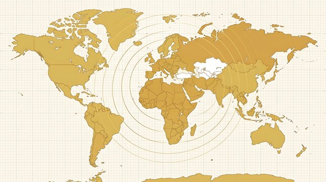 World map with concentric circles centered on turkey and central asia, highlighting turkic countries and regions in white against a golden brown continental background