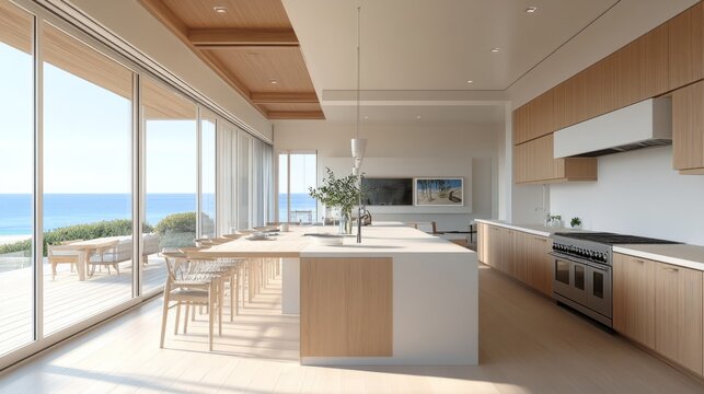 Luxury beach house kitchen, white oak finishes, expansive sea views, airy atmosphere generative ai