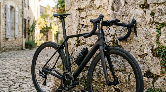 Sleek black road bicycle rests against ancient stone wall in a picturesque European village, symbolizing spirited active travel and the joy of athletic cycling