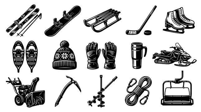 Winter Sports and Outdoor Activity Equipment Set - Black and White Vintage Vector Illustration