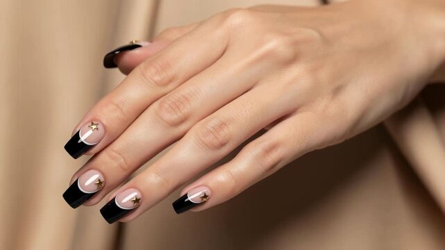 Close up of elegant female hand with black french manicure and gold star nail art on beige background