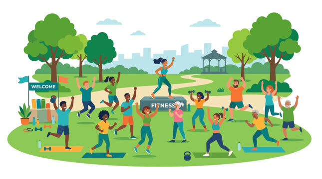 Diverse Group Exercising Outdoors in Park, Fitness Class Activity