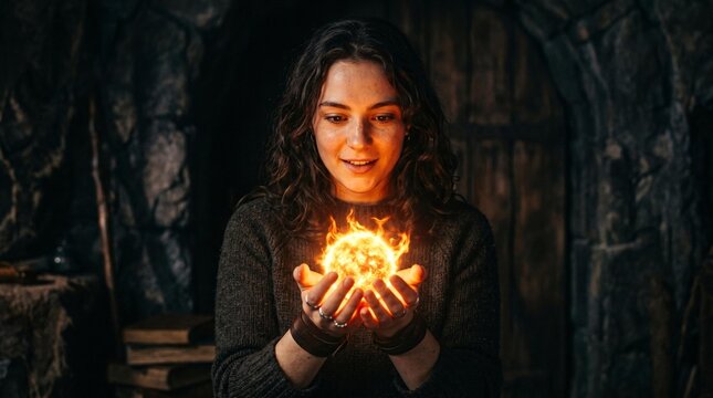 Young Woman Holding a Glowing Ball of Fire Magic in a Dark Rustic Room