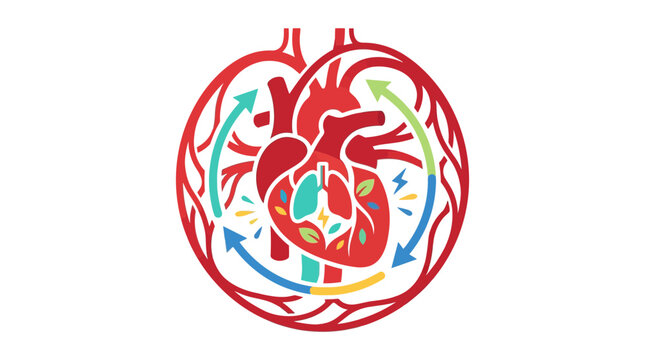Healthy heart symbol with circulation arrows and green leaves