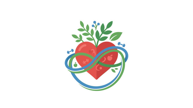 Healthy heart with infinity symbol and green leaves, symbolizing wellness and longevity