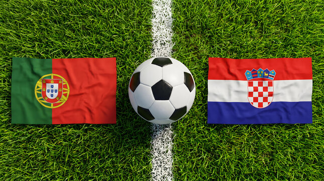 Soccer ball with Portugal and Croatia flags flat lay on grass