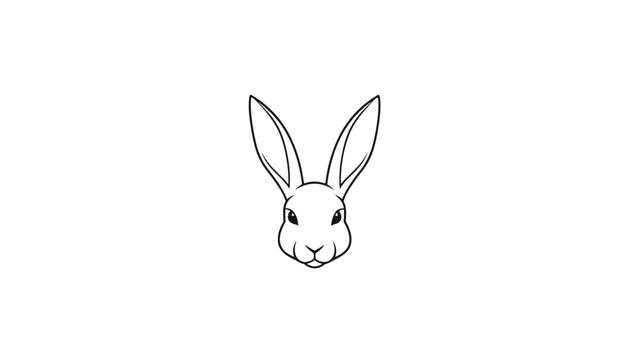Elegant black and white line art of a fluffy rabbit head with long ears isolated against a clean white background.