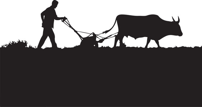 Silhouette of a man plowing a field with a bull