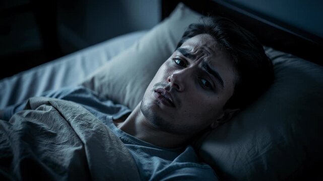 Young man lying awake in bed at night feeling anxious and stressed with worried facial expression
