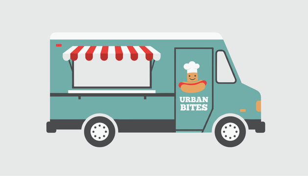 Teal food truck named Urban Bites featuring a red and white striped awning and a cheerful hot dog chef cartoon logo.
