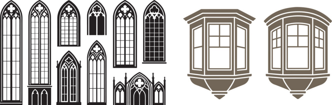 Gothic cathedral window silhouettes and classic bay window vector icons set for architectural design