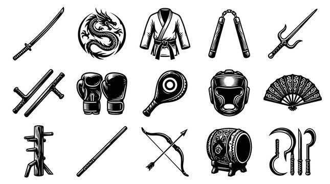 Black and White Line Art Martial Arts Equipment and Symbols Set
