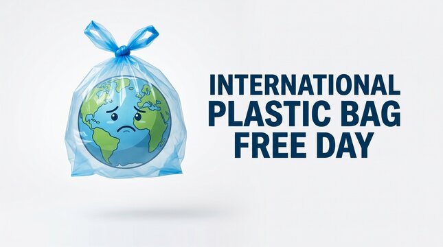 International plastic bag free day illustration with earth in blue bag
