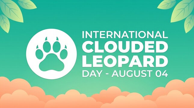 International clouded leopard day poster with paw print and leaves on green background