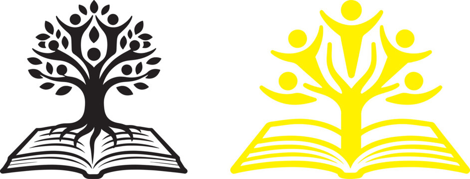 Vector icons of a tree growing from an open book with human figures as branches for education and personal growth logo design