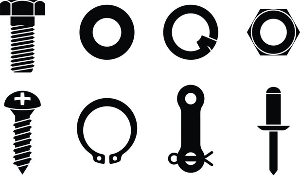 Industrial Fastener and Mechanical Hardware Vector Icon Set with Screws Washers Nuts and Pins