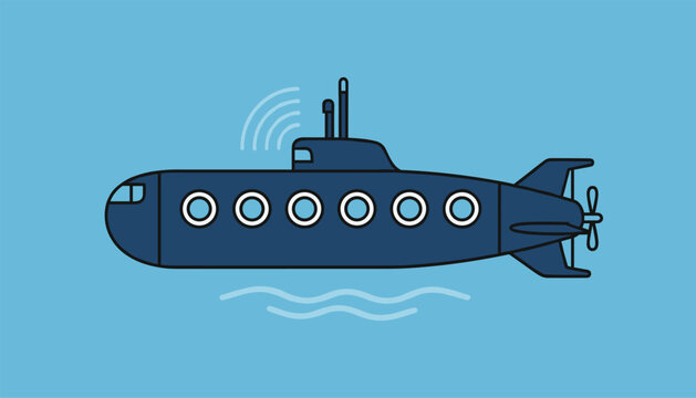 Blue submarine floating underwater with radar waves and periscope on a blue background in simple flat cartoon vector style.