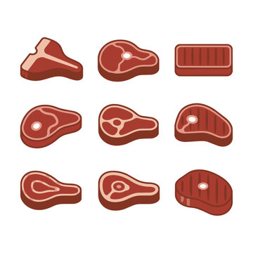 Set of simple beef steak icons arranged in a clean grid pattern on a white background, minimal culinary concept