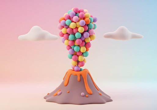 Colorful volcano with balloons