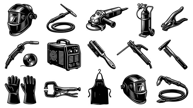 Detailed Welding Tools Equipment Set. Black and White Line Art Illustration for Metalworking Industry