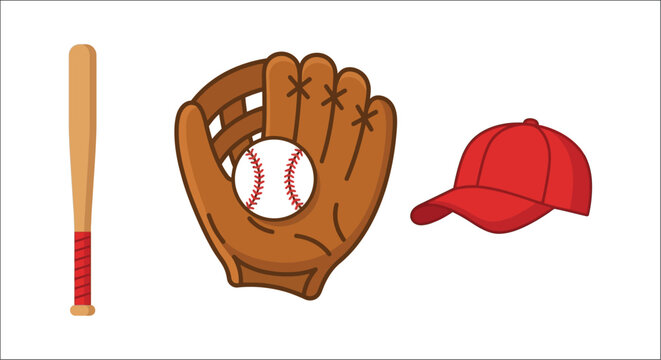 Baseball equipment illustration featuring a bat glove with ball and red cap on a white background wooden leather mitt sphere sports athletic gear vector flat