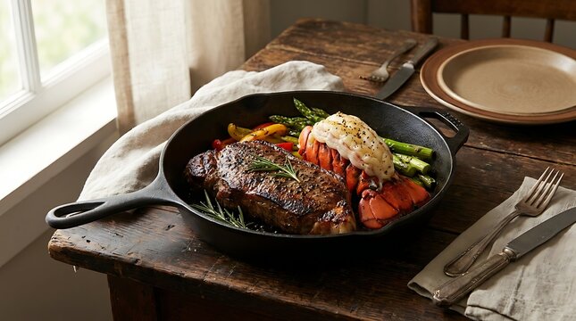 Grilled steak and lobster tail with asparagus in a cast iron skillet on a wooden table. lobster tail and steak
