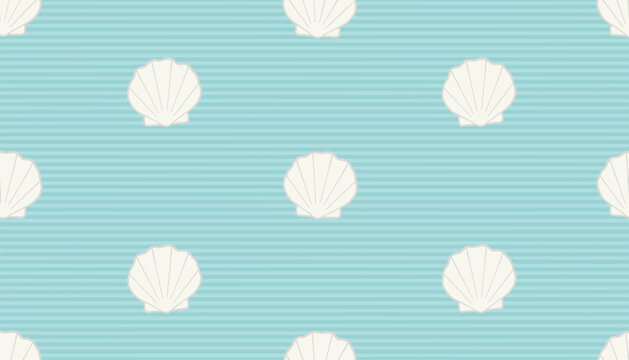 Summer coastal seamless pattern with elegant white scallop seashells on a light blue striped background in flat style.