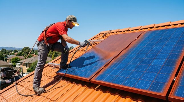Professional technician cleaning solar panels on a residential roof