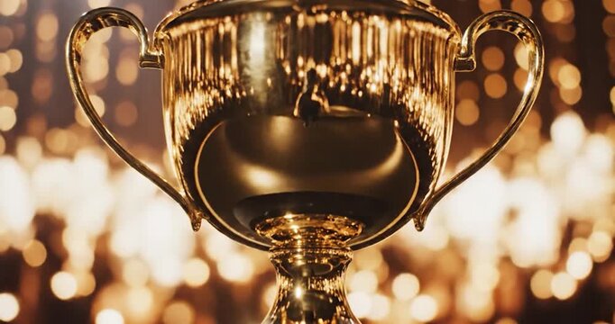 Shiny Gold Trophy Cup Standing on a Podium With Glowing Bokeh Lights