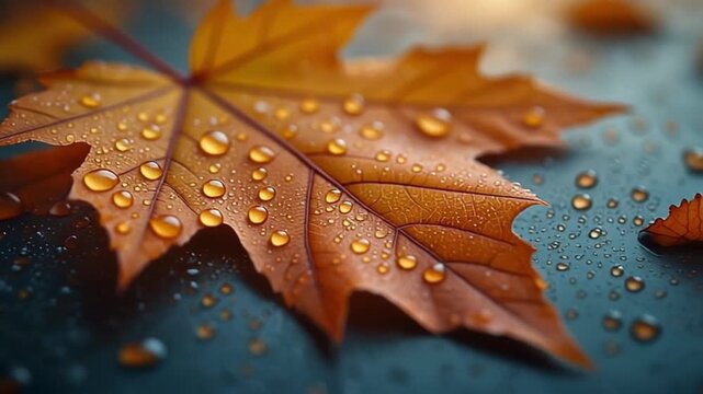 Professional studio macro video of a freshly fallen maple leaf with tiny water droplets with cinematic lighting, bright minimal background, and detailed vein patterns